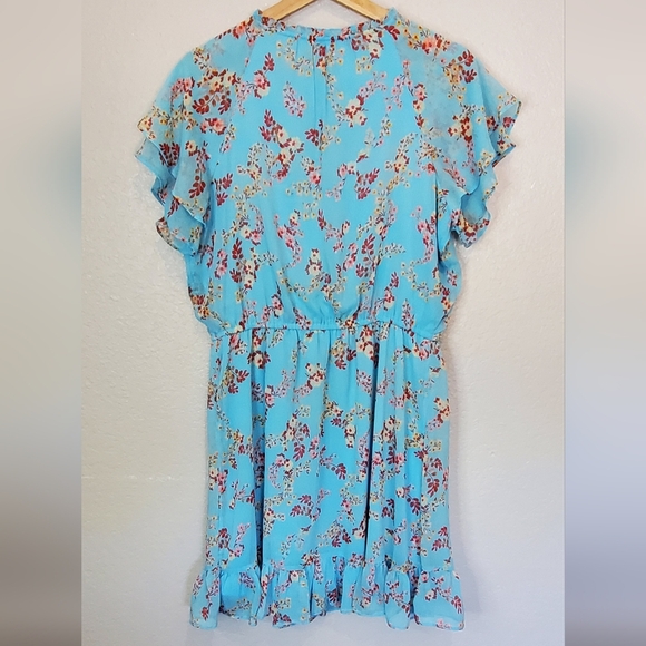 💚5/$25 LC Lauren Conrad Floral Blue Flutter Sleeve Ruffled Dress Size Large - Picture 6 of 6